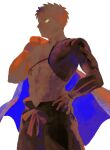  1boy 64kawa4 abs bare_pectorals cowboy_shot emiya_shirou fate/grand_order fate_(series) glowing glowing_eyes highres holding igote japanese_clothes light_smile looking_at_viewer male_focus orange_hair pectorals redhead senji_muramasa_(fate) short_hair simple_background stomach toned toned_male yellow_eyes 