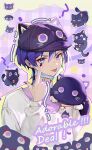  1boy absurdres akanbe alternate_costume animal_ears cat cat_ears eyelid_pull genshin_impact hair_between_eyes hat highres long_sleeves looking_at_viewer male_focus mask mouth_mask purple_hair purple_headwear scaramouche_(cat)_(genshin_impact) scaramouche_(genshin_impact) shanwenyufan shirt short_hair simple_background smile tongue tongue_out violet_eyes white_shirt 