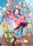  1girl :d arm_up black_hair blue_flower blue_footwear blue_sky blush boots bow bucket carrot coat commentary_request copyright day farmer_(frederica) flower flower_pot frederica_(game) full_body grey_pantyhose hair_bow hairband holding holding_staff long_hair long_sleeves looking_at_viewer one_eye_closed open_mouth outdoors pantyhose petals pink_bow pink_coat pink_flower pink_hairband pocket purple_flower sky smile solo staff standing sunflower tobi_(kotetsu) turnip wide_sleeves wooden_bucket yellow_flower 