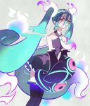  1girl aqua_hair bare_shoulders black_thighhighs detached_sleeves ghost ghost_miku_(project_voltage) glitch gradient_hair grey_shirt hair_between_eyes hatsune_miku long_hair multicolored_hair necktie pale_skin pokemon project_voltage see-through see-through_skirt shirt skirt sleeveless sleeveless_shirt sleeves_past_fingers sleeves_past_wrists sumustard thigh-highs twintails very_long_hair vocaloid will-o&#039;-the-wisp_(mythology) yellow_eyes 