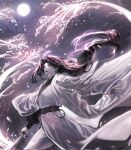  1girl black_hair coat falling_petals floating_hair flower grey_eyes highres holding holding_sword holding_weapon long_hair long_sleeves mitseohaem moon night open_mouth petals plum_blossoms return_of_the_mount_hua_sect sash solo sword teeth upper_teeth_only weapon white_coat white_uniform yu_iseol_(return_of_the_mount_hua_sect) 