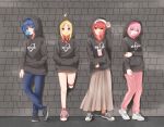  4girls absurdres ahoge black_footwear black_hoodie blonde_hair blue_eyes blue_hair blue_pants bocchi_the_rock! bubble_blowing chewing_gum detached_ahoge gotoh_hitori green_eyes hand_in_pocket hands_in_pocket highres hood hood_up hoodie ijichi_nijika kita_ikuyo long_hair multiple_girls oekai13 pants pink_hair pink_pants red_eyes red_footwear redhead short_hair white_footwear yamada_ryo yellow_eyes 