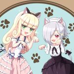  2girls :3 animal_ears black_dress blonde_hair blush breasts cat_ears cat_tail dress fake_animal_ears fake_tail fang frilled_dress frills green_eyes grey_hair hair_over_one_eye jashin-chan_dropkick long_hair looking_at_viewer multiple_girls mumyou_ishi open_mouth paw_pose persephone_ii pink_dress poporon_(jashin-chan_dropkick) red_eyes short_hair small_breasts smile tail 