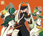  1girl black_coat clenched_hand closed_mouth coat commentary_request fighting_miku_(project_voltage) gallade gloves green_hair hair_between_eyes hat hatsune_miku hisuian_lilligant korean_commentary long_hair multicolored_hair necktie nenemddin orange_background orange_headwear passimian pokemon pokemon_(creature) project_voltage safety_pin simple_background sirfetch&#039;d thigh-highs twintails very_long_hair vocaloid white_gloves white_hair white_thighhighs 