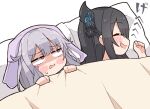  2girls black_hair blanket blanket_grab blush_stickers closed_eyes demon_horns grey_hair hair_between_eyes hair_flaps highres hololive hololive_english horns koseki_bijou kukie-nyan long_hair looking_at_another multiple_girls nerissa_ravencroft open_mouth pillow sidelocks sleeping sleepover sound_effects sweatdrop under_covers violet_eyes white_background 