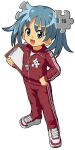  1girl absurdres blue_eyes blue_hair boots commentary english_commentary flat_chest full_body hand_on_own_hip highres holding jacket jigsaw_puzzle kasuga_(kasuga39) light_blush long_sleeves open_mouth pants puzzle red_footwear red_jacket red_pants shirt shoes simple_background solo sportswear standing track_jacket track_pants transparent_background twintails wikipe-tan wikipedia zipper 