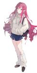  1girl absurdres bag baobhan_sith_(fate) blush cernunnos_(fate) drawstring fate/grand_order fate_(series) grey_eyes hair_ornament hand_in_pocket highres holding hood hood_down hoodie leg_warmers loafers long_hair looking_at_viewer miniskirt nail_polish pink_hair pointy_ears red_nails sai_(saipoko) shoes shoulder_bag sidelocks skirt solo stuffed_toy white_background white_hoodie 