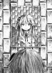  1girl brick_wall buttons closed_mouth collared_shirt dress_shirt facing_away from_behind game-bu_(manga) greyscale hair_flaps hair_ornament highres kilsturgeon light_blush long_hair looking_at_viewer mirror monochrome neck_ribbon okano_yukina reflection ribbon shirt short_sleeves smile solo straight-on upper_body 