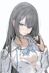  1girl absurdres black_hair blue_bow bow bra breasts collared_shirt freng hair_between_eyes highres holding long_hair long_sleeves looking_at_viewer open_clothes open_mouth shirt simple_background sleeves_past_wrists small_breasts solo underwear white_background white_shirt 