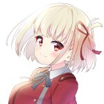  1girl blonde_hair blue_ribbon blush bob_cut closed_mouth collared_shirt dress hair_ribbon hazumi_otoya highres looking_at_viewer lycoris_recoil lycoris_uniform neck_ribbon nishikigi_chisato red_dress red_eyes red_ribbon ribbon shirt short_hair simple_background smile solo two-tone_dress upper_body white_background white_shirt 