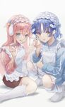  2girls :o apron bent_v blue_eyes blue_hair blue_jacket bocchi_the_rock! commentary cross_hair_ornament cube_hair_ornament double_v feet_out_of_frame frilled_apron frilled_thighhighs frills gotoh_hitori gotoh_hitori_(octopus) hair_between_eyes hair_ornament hands_up heart heart_hair_ornament highres jacket jersey_maid kneehighs long_hair long_sleeves looking_at_another looking_at_viewer maid maid_apron maid_headdress multiple_girls nervous_smile okome_0310 open_mouth pink_hair pink_jacket short_hair simple_background sitting smile socks squatting thigh-highs track_jacket unconventional_maid v white_apron white_background white_socks white_thighhighs x_hair_ornament yamada_ryo yellow_eyes 