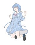  1girl :o alternate_costume ayanami_rei blue_dress blue_socks buttons curled_fingers dress full_body hands_up highres jumping light_blush loafers long_sleeves looking_at_viewer neon_genesis_evangelion open_mouth pink_ribbon ribbon shoes socks striped takanas03 w_arms white_background 