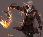  1boy belt black_gloves bloodborne brown_coat brown_pants coat dual_wielding flaming_weapon gloves golden_kamuy grey_background gun highres hijikata_toshizou_(golden_kamuy) holding holding_gun holding_weapon long_hair long_sleeves looking_at_viewer male_focus old old_man pants solo standing weapon white_hair yumi_(soak1111) 