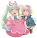  1boy 1girl :d black_gloves blonde_hair blue_flower blue_jacket blush bow clenched_hands closed_mouth coat commentary_request cosplay cropped_jacket farmer_(frederica) farmer_(frederica)_(cosplay) flower frederica_(game) frey_(rune_factory) fur_collar gloves green_eyes green_hair hair_between_eyes hair_bow hand_on_own_hip hands_up highres iwasaki_minako jacket lest_(rune_factory) long_hair long_sleeves official_alternate_costume open_mouth pink_bow pink_coat rune_factory rune_factory_4 second-party_source shirt short_hair smile twintails upper_body violet_eyes wanderer_(frederica) wanderer_(frederica)_(cosplay) white_background white_bow white_shirt wide_sleeves 