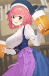  1girl alcohol apron bar_(place) bare_shoulders barmaid beer beer_mug blue_headwear blue_skirt blue_vest breasts collarbone commentary_request cross-laced_clothes cup foam frilled_shirt_collar frills german_clothes green_eyes happy highres holding holding_cup indoors kanpa_(campagne_9) large_breasts long_sleeves mug off-shoulder_shirt off_shoulder okunoda_miyoi open_mouth pink_hair purple_apron shirt skirt solo touhou underbust upper_body vest waist_apron whale_hat white_shirt 