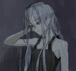  1girl absurdres black_tank_top blue_eyes closed_mouth collarbone flat_chest grey_background grey_hair hand_in_own_hair highres long_hair looking_to_the_side project_sekai sidelocks simple_background solo swept_bangs tank_top upper_body yoisaki_kanade yrdd 