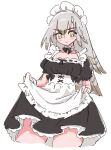  1girl alternate_costume apron arknights bird_girl black_dress breasts bright_pupils clothes_lift commentary cropped_legs dress enmaided fartooth_(arknights) feather_hair feathered_wings grey_hair long_hair looking_at_viewer maid maid_headdress medium_breasts nikukabe simple_background sketch skirt skirt_lift solo waist_apron white_apron white_background white_pupils white_wrist_cuffs wings yellow_eyes 