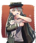  1girl can carrying cat drinking expressionless g11_(girls&#039;_frontline) girls_frontline green_headwear green_jacket grey_hair grey_shirt highres jacket long_hair long_sleeves looking_at_viewer nyanpu red_background shirt solo very_long_hair 
