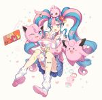  1girl bandaid bandaid_on_leg bull_sprite_(pokemon) cardigan cellphone choker clefairy clefairy_sprite_(pokemon) fairy_miku_(project_voltage) flower hair_flower hair_ornament hatsune_miku heart heart_choker highres igglybuff jigglypuff leg_warmers long_hair multicolored_hair one_eye_closed open_mouth phone pink_cardigan pink_footwear poke_ball pokemon pokemon_(creature) project_voltage scrunchie selfie skirt snowsakurachan twintails two-tone_hair v very_long_hair vocaloid wrist_scrunchie 