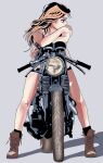  1girl absurdres black_shorts black_socks brown_footwear brown_shirt full_body grey_background highres looking_to_the_side mo5ccig6qwxh66w on_motorcycle original own_hands_together shadow shirt shorts simple_background sleeveless sleeveless_shirt socks solo vehicle_focus 
