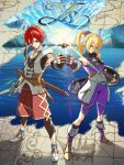  1boy 1girl adol_christin axe blonde_hair blue_eyes boots chiga_akira double-parted_bangs fingerless_gloves fist_bump full_body gloves green_eyes hair_between_eyes highres holding holding_shield holding_sword holding_weapon iceberg jewelry karja_balta looking_at_viewer necklace ocean ponytail redhead sheath shield shoes sneakers sword weapon ys ys_x_nordics 