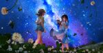  2girls blue_dress blue_eyes blue_shorts brown_eyes brown_hair character_request closed_mouth clover copyright_request dress field floating_hair flower flower_field flower_wreath four-leaf_clover hair_between_eyes hair_bun head_wreath head_wreath_removed holding long_hair mountain multiple_girls night night_sky pleated_dress saihate_(d3) shirt short_shorts short_sleeves shorts sky standing star_(sky) starry_sky suspender_shorts suspenders vocaloid white_flower yellow_shirt 