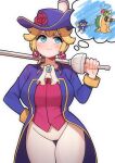  aristocratic_clothes ascot blonde_hair blue_coat blue_eyes blue_headwear bowser breasts coat creeeen_jjang earrings flower hat hat_flower highres holding holding_sword holding_weapon jewelry large_breasts long_hair pants ponytail princess_peach princess_peach:_showtime! rapier red_vest smile sphere_earrings super_mario_bros. sword swordfighter_peach thought_bubble vest weapon white_ascot white_background white_pants x_x 