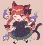  1girl animal_ears black_dress blush_stickers braid cat_ears cat_tail dress extra_ears fang frilled_dress frills full_body kaenbyou_rin long_hair mozukuzu_(manukedori) multiple_tails one_eye_closed open_mouth red_eyes redhead short_sleeves skull smile solo tail touhou twin_braids two_tails 