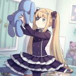  1girl black_bow black_dress blonde_hair blue_eyes blurry blurry_background bow braid copyright_name curtains dairoku_ryouhei dress eyepatch holding holding_stuffed_toy indoors long_hair long_sleeves lucy_bluebell pincushion ribbon solo spool stuffed_animal stuffed_rabbit stuffed_toy teddy_bear umou_tw very_long_hair 