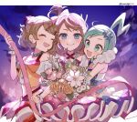  3girls arm_warmers bare_shoulders blonde_hair blue_eyes blush bouquet brown_hair closed_eyes dress earrings eyelashes flower green_eyes green_hair hair_ornament highres holding holding_flower jewelry lisia_(pokemon) long_hair looking_at_viewer may_(pokemon) multiple_girls open_mouth pink_flower pokemon pokemon_(anime) ribbon serena_(pokemon) sidelocks smile sumeragi1101 thigh-highs white_flower 