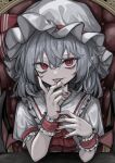  1girl absurdres ascot fang fingernails grey_hair hair_between_eyes hat hat_ribbon highres hisha_(kan_moko) mob_cap nail_polish red_ascot red_eyes red_nails red_ribbon remilia_scarlet ribbon shirt short_hair short_sleeves solo tongue tongue_out touhou upper_body white_headwear white_shirt wrist_cuffs 