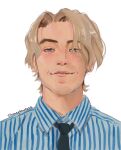  1boy absurdres artist_name black_necktie blonde_hair blue_eyes blue_shirt collared_shirt highres honeydewtaka male_focus necktie one_piece one_piece_(live_action) pinstripe_pattern pinstripe_shirt portrait sanji_(one_piece) shirt smile solo straight-on striped taz_skylar twitter_username white_background 