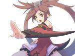  1girl :d bare_shoulders brown_eyes brown_hair china_dress chinese_clothes dress guilty_gear guilty_gear_xrd hair_ornament hair_ring irc14786149 kuradoberi_jam long_hair long_sleeves looking_at_viewer open_mouth red_dress simple_background smile solo twintails upper_body very_long_hair white_background 