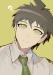  1boy ? ahoge bowknot_huhu brown_hair collared_shirt danganronpa_(series) danganronpa_2:_goodbye_despair frown green_necktie highres hinata_hajime looking_at_viewer male_focus necktie orange_background portrait shirt short_hair simple_background solo yellow_eyes 