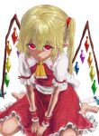  1girl ascot back_bow barefoot blonde_hair bow breasts closed_mouth collared_shirt flandre_scarlet frilled_ascot frilled_shirt_collar frilled_skirt frilled_sleeves frills from_above full_body hair_between_eyes highres large_bow looking_at_viewer medium_hair multicolored_wings no_headwear no_shoes no_socks one_side_up pointy_ears puffy_short_sleeves puffy_sleeves red_eyes red_skirt red_vest shirt short_sleeves simple_background sitting skinny skirt skirt_set sleeve_ribbon small_breasts solo totsuki_(puyonpuyon) touhou v_arms vest wariza white_background white_bow white_shirt wings wrist_cuffs yellow_ascot 