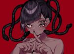  1girl black_hair black_nails blunt_bangs blush expressionless extra_eyes eyeshadow highres makeup original portrait red_background shadow simple_background snake_hair solo yu_min_zzz_xx 