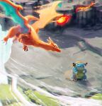  animal_focus bitty_kikuchi black_eyes blastoise charizard chromatic_aberration claws dragon duel faux_traditional_media flame-tipped_tail flying highres lens_flare looking_at_another no_humans nostrils pokemon pokemon_(creature) wind 