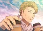  1boy aozora1227 black_eyes blonde_hair brown_scarf closed_mouth cup hands_up highres holding holding_cup jujutsu_kaisen looking_at_viewer male_focus nanami_kento outdoors scarf short_hair sky smile solo upper_body 