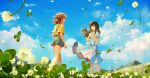  2girls blue_dress blue_eyes blue_shorts blue_sky brown_eyes brown_hair character_request closed_mouth clouds clover commentary_request copyright_request day dress field floating_hair flower flower_field flower_wreath four-leaf_clover hair_between_eyes hair_bun head_wreath head_wreath_removed holding long_hair mountain multiple_girls outdoors pleated_dress saihate_(d3) shirt short_shorts short_sleeves shorts sky standing suspender_shorts suspenders vocaloid white_flower yellow_shirt 