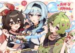  3girls alternate_costume alternate_hairstyle amber_(genshin_impact) asymmetrical_hair bare_shoulders baron_bunny_(genshin_impact) birthday_cake black_gloves black_hair black_hairband blue_hair breasts bright_pupils cake collei_(genshin_impact) crossed_bangs cuilein-anbar_(genshin_impact) english_text eula_(genshin_impact) fang fingerless_gloves food genshin_impact gloves green_hair hair_between_eyes hairband highres holding holding_plate kyou_039 large_breasts looking_at_another looking_down looking_to_the_side medium_hair multicolored_eyes multiple_girls open_mouth plate single_glove slime_(genshin_impact) smile teeth upper_body upper_teeth_only violet_eyes white_pupils 