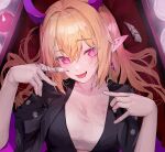 1girl black_sleeves blonde_hair blush claw_ring earrings fang gloves hair_between_eyes highres horns jewelry legendary_sword long_hair long_sleeves looking_at_viewer open_mouth pink_eyes pleated_sleeves pointy_ears purple_horns rabbi_(legendary_sword) ribbed_shirt shirt single_earring smile solo two-sided_sleeves white_gloves yjs0803123 