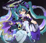  aqua_hair boots cape double_bun dragon dragon_miku_(project_voltage) fake_horns gloves hair_bun hatsune_miku headphones highres holding holding_sword holding_weapon horns kibakira long_hair looking_at_viewer miraidon multicolored_eyes open_mouth pants poke_ball pokemon pokemon_(creature) project_voltage shoulder_cape single_bare_shoulder sword twintails very_long_hair vocaloid weapon 