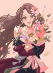  1girl brown_hair chimney_(chimney0311) crossed_arms dorothea_arnault dress earrings fire_emblem fire_emblem:_three_houses flower green_eyes highres holding holding_flower jewelry long_hair looking_at_viewer open_mouth red_dress simple_background smile solo 
