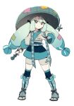  1girl black_thighhighs closed_mouth commentary_request dede_(qwea_00000) eyelashes flute full_body green_eyes green_hair green_headwear hat hatsune_miku holding holding_flute instrument jacket korean_commentary large_hat legs_apart long_hair low-tied_long_hair pokemon project_voltage sandogasa shorts skirt solo standing steel_miku_(project_voltage) thigh-highs twintails vocaloid 