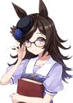  1girl adjusting_eyewear animal_ears bespectacled black_hair blush book closed_mouth collarbone dodome_(yprs2887) flower glasses hat horse_ears looking_at_viewer portrait rice_shower_(umamusume) school_uniform smile solo tracen_school_uniform umamusume violet_eyes white_background 