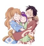  1boy 2girls blush closed_eyes closed_mouth hair_bun hair_ornament hair_stick hat hat_removed headwear_removed high_ponytail hug japanese_clothes jjartaveces long_hair monkey_d._luffy multiple_girls nami_(one_piece) one_piece orange_hair ponytail purple_hair scar scar_on_cheek scar_on_face short_hair simple_background single_hair_bun smile spanish_commentary straw_hat tama_(one_piece) teeth traditional_clothes white_background 