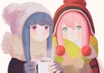  2girls blue_hair cup green_eyes holding holding_cup kagamihara_nadeshiko looking_at_viewer looking_to_the_side mittens multiple_girls pink_hair pom_pom_(clothes) sasanaco scarf shima_rin sidelocks simple_background violet_eyes white_background yurucamp 