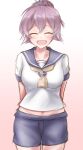  1girl absurdres agodashi aoba_(kancolle) blue_sailor_collar blue_shorts closed_eyes cowboy_shot facing_viewer gradient_background highres kantai_collection messy_hair navel open_mouth pink_background ponytail purple_hair purple_scrunchie sailor_collar sailor_shirt school_uniform scrunchie serafuku shirt short_hair shorts smile solo standing teeth upper_teeth_only white_background white_shirt yellow_eyes 