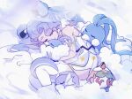  1girl altaria blue_hair closed_eyes clouds detached_sleeves dratini flying_miku_(project_voltage) hatsune_miku highres light_purple_hair long_hair lying lying_on_cloud official_alternate_costume pokemon pokemon_(creature) project_voltage rowlet see-through see-through_sleeves sleeping user_ycsp4587 very_long_hair violet_eyes vocaloid 