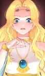  1girl bare_shoulders blonde_hair blue_eyes blue_gemstone breasts circlet commission cygnus_(maplestory) eyes_visible_through_hair fingernails gem hair_intakes hand_up jewelry long_hair looking_at_viewer maplestory medium_breasts neck_ring necklace parted_lips red_lips se_tu_(55559229) sleeveless solo straight-on upper_body wavy_hair wristlet 